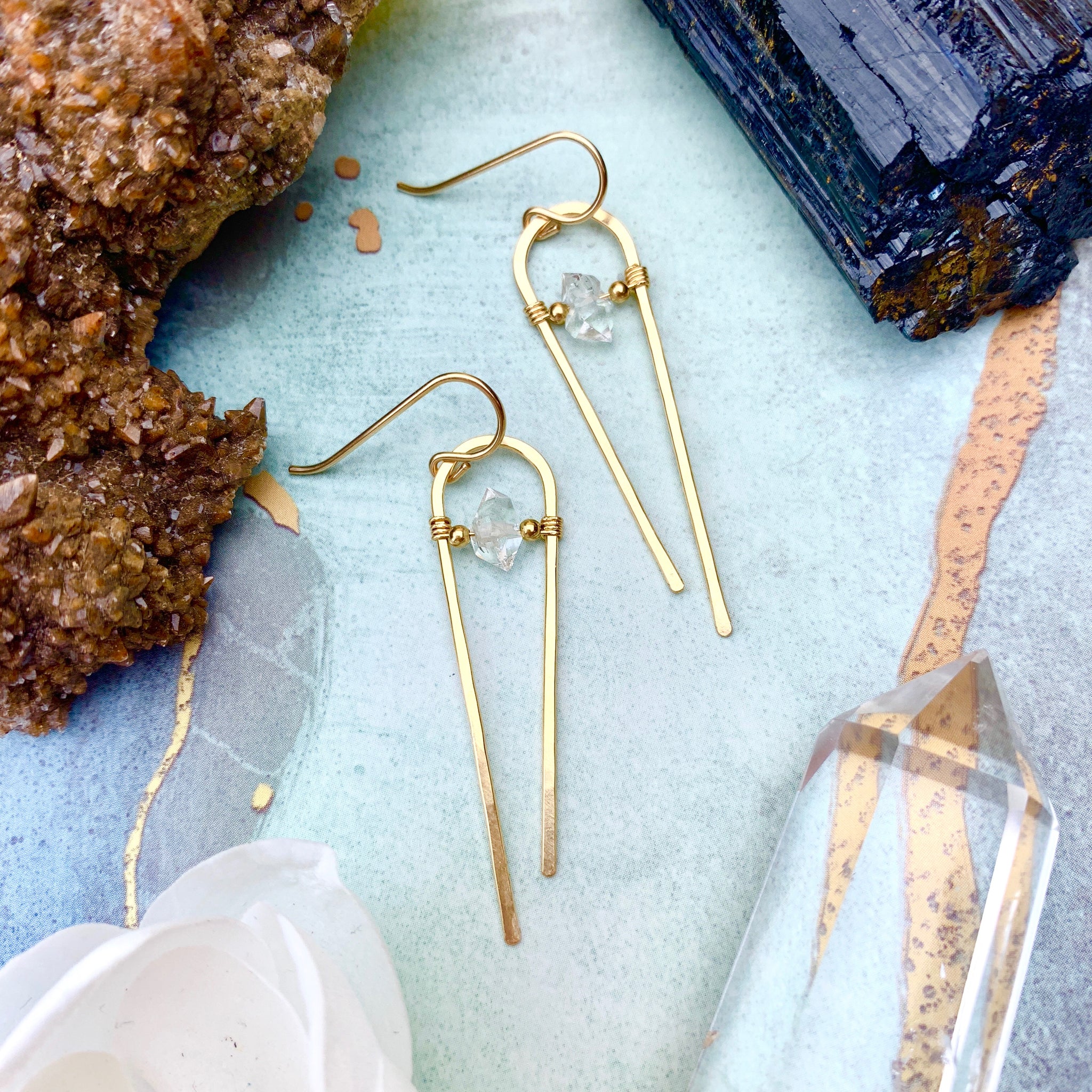 Ruhbeckuh Earrings - Herkimer Diamond Quartz Rondel 14k Gold Fill Framework - The Bead N Crystal & Enclave Gems