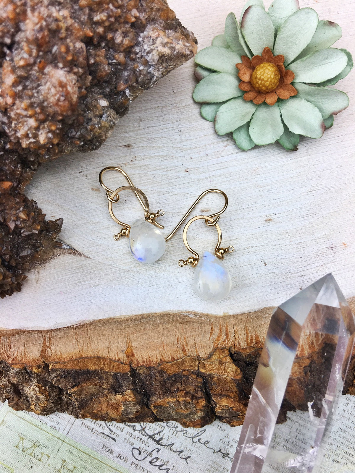 La Luna Bella Earrings 'A' - Moonstone 14k Gold Fill Frames - The Bead N Crystal & Enclave Gems