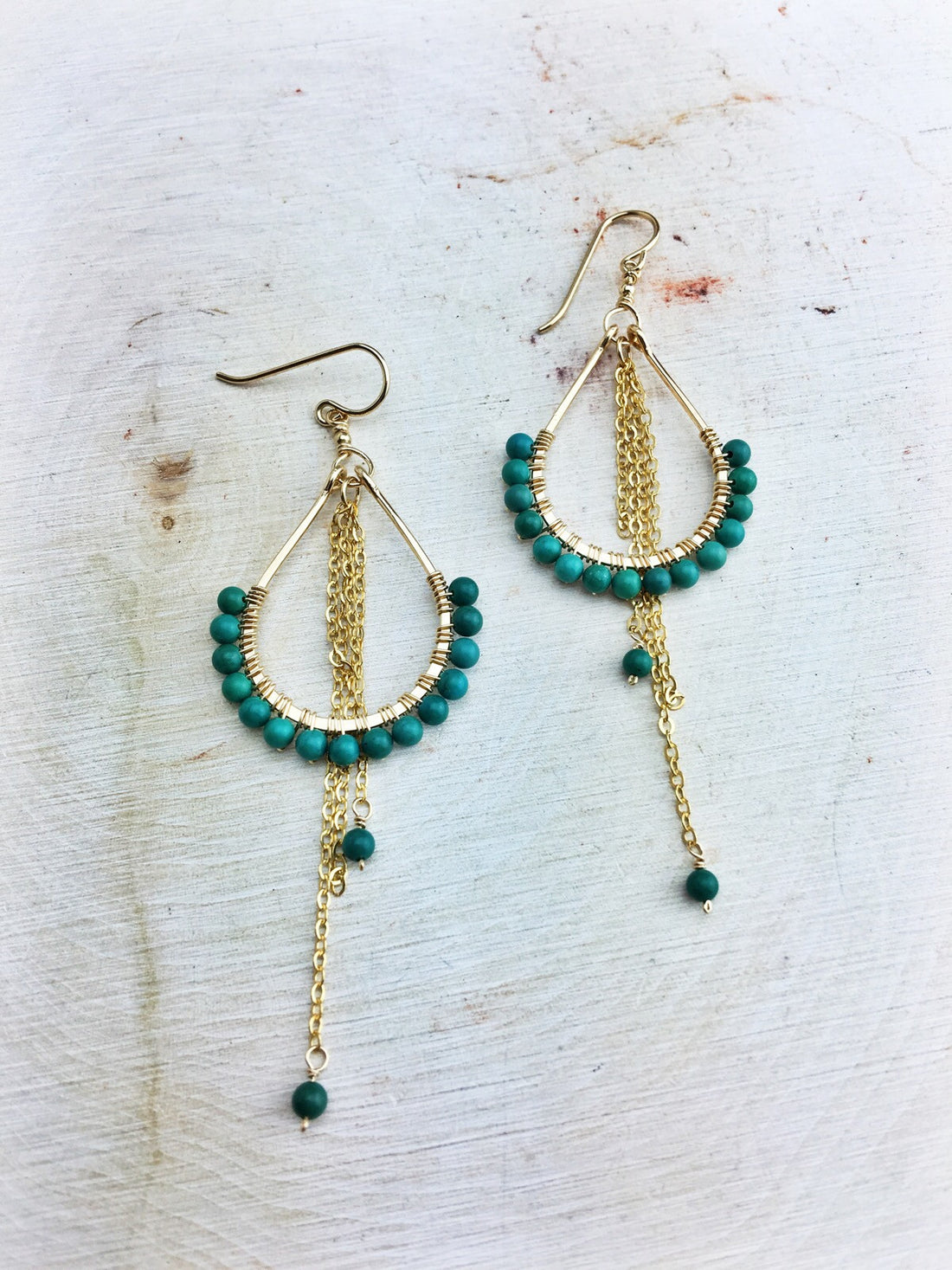 Hildur Earrings 'B' - Turquoise 14k Gold Filled Frames and Chain - The Bead N Crystal & Enclave Gems