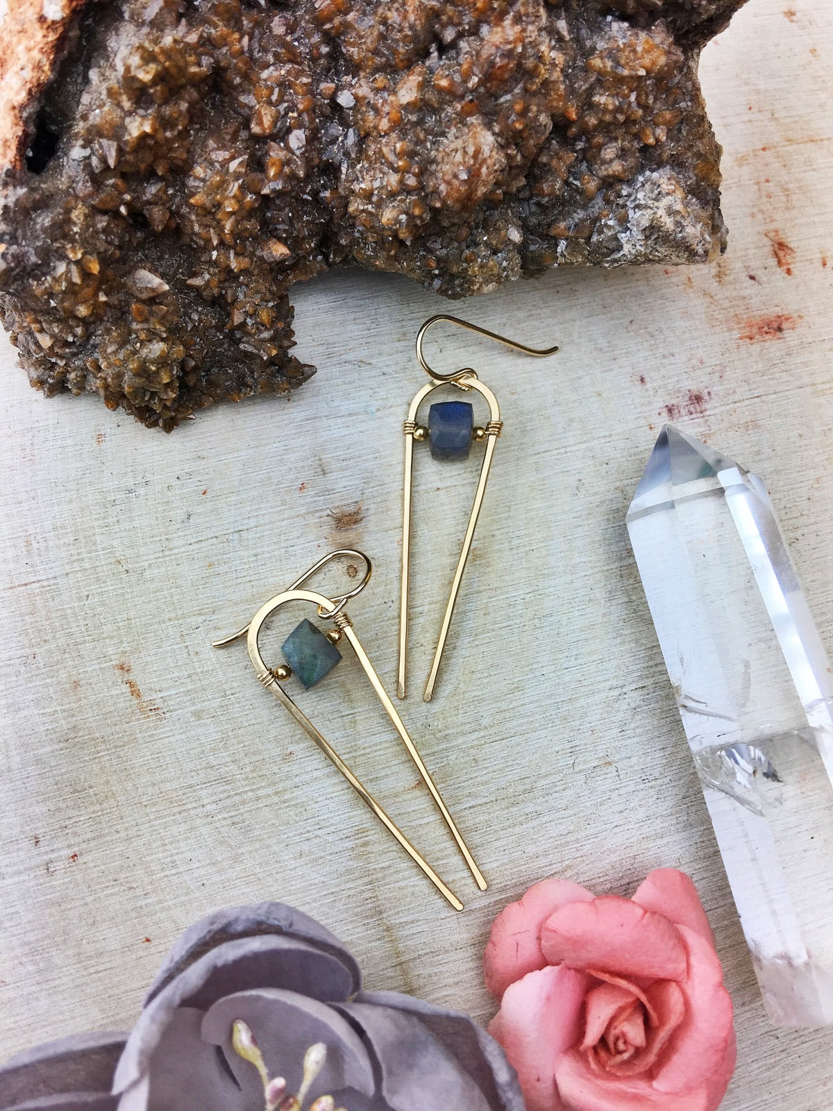 Ruhbeckuh Earrings - Labradorite Cube14k Gold Fill Framework - The Bead N Crystal & Enclave Gems