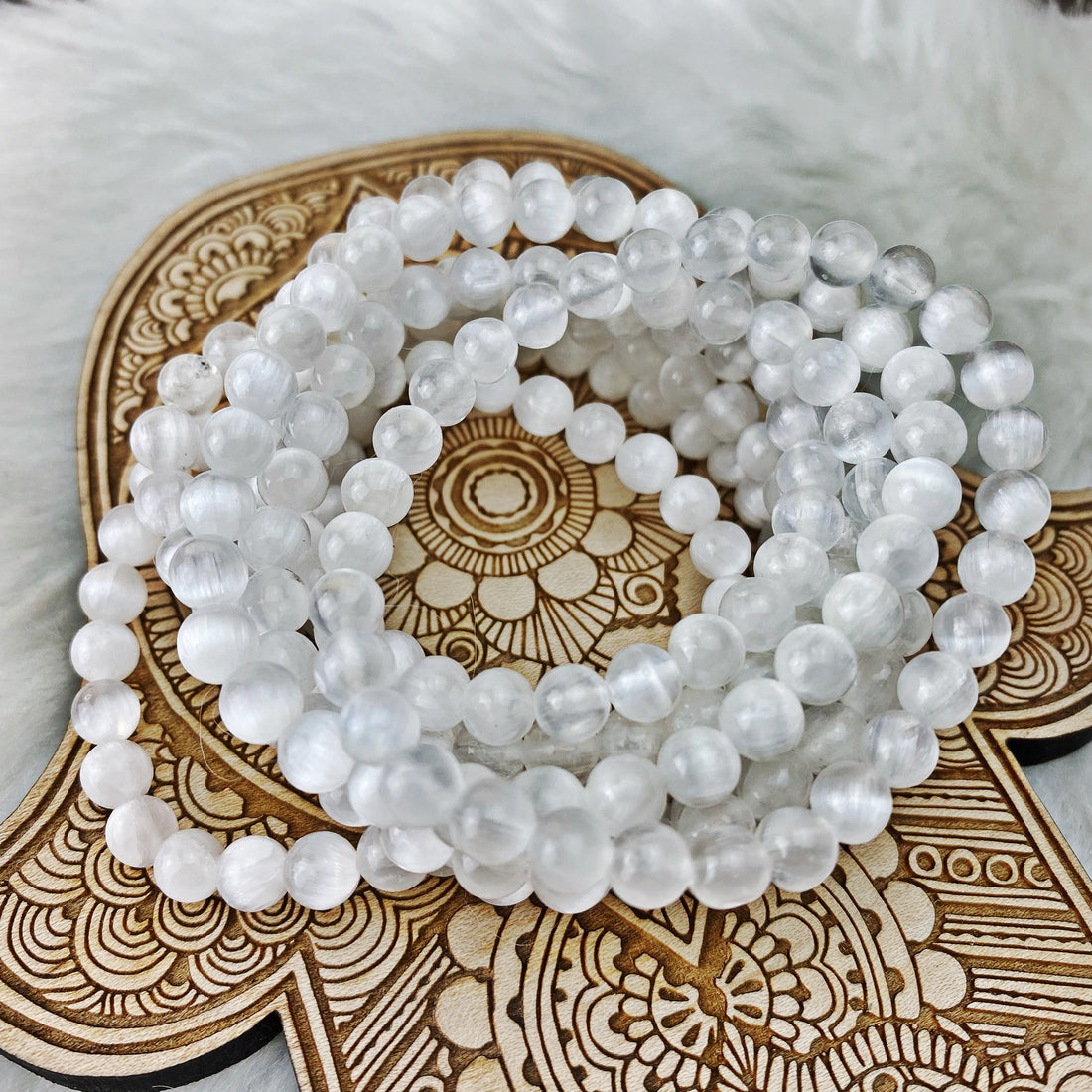 Selenite Stretch Bracelet 6 mm - The Bead N Crystal & Enclave Gems