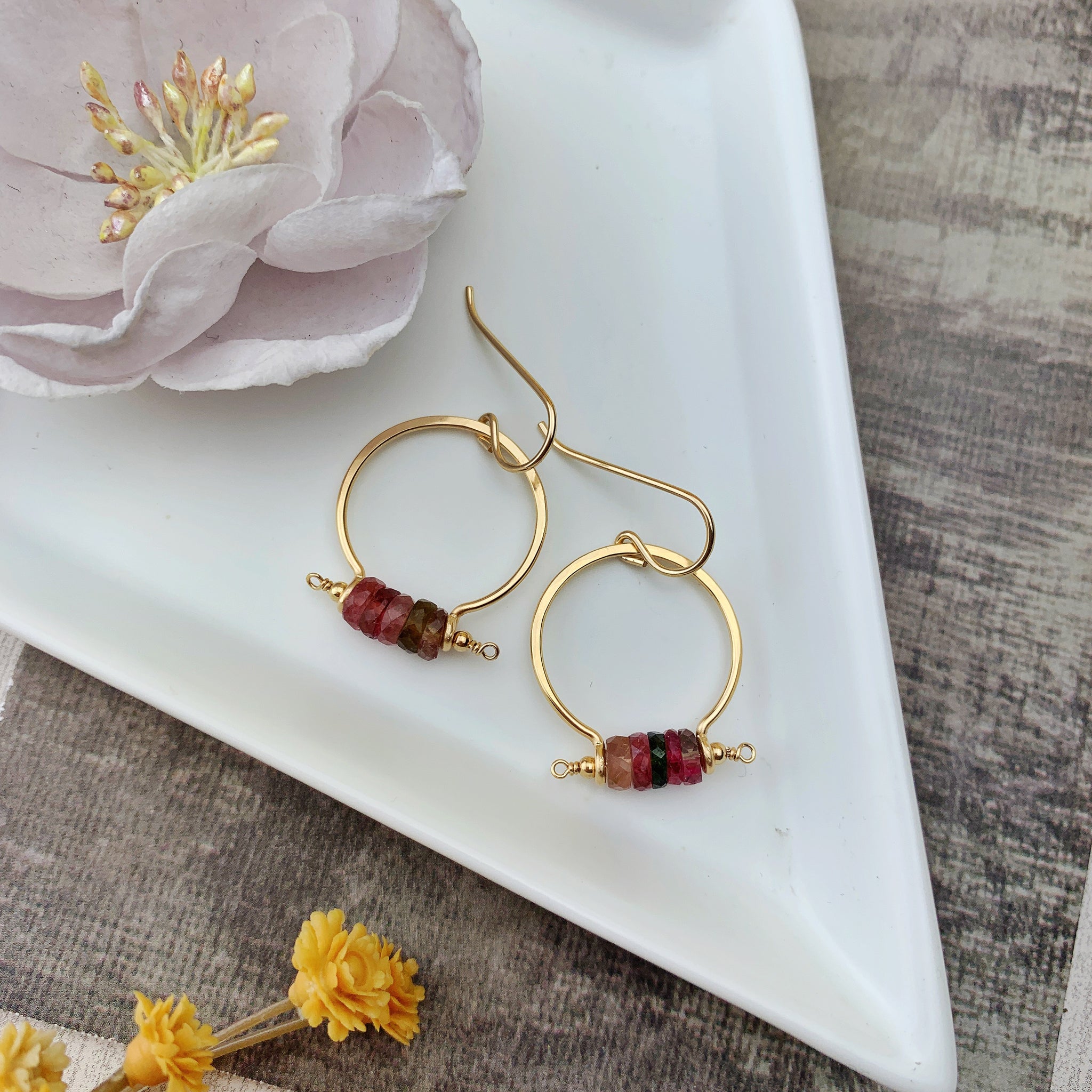 Fina Earrings - 14k Gold Filled Tourmaline Slices Hoops - The Bead N Crystal & Enclave Gems