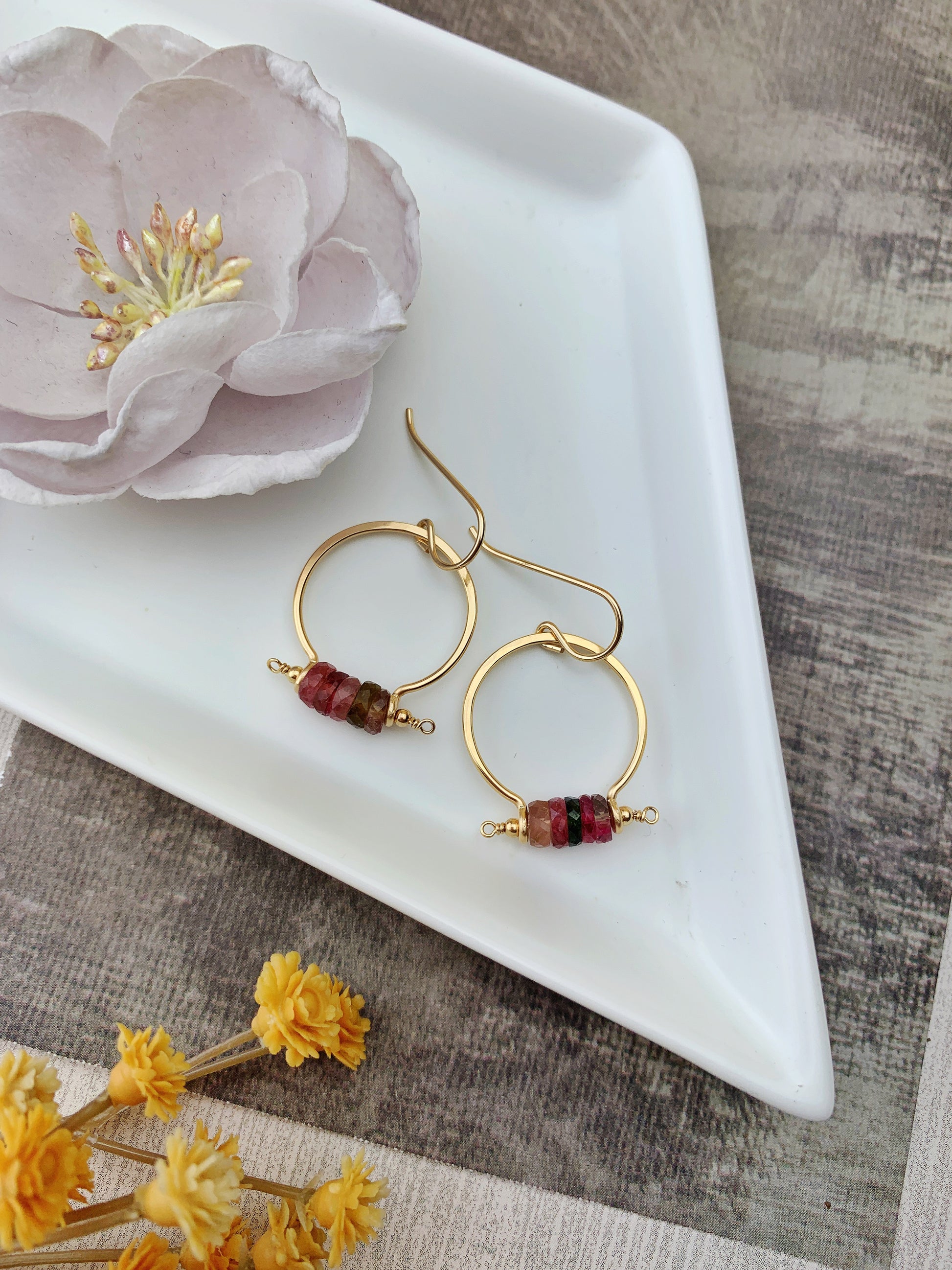 Fina Earrings - 14k Gold Filled Tourmaline Slices Hoops - The Bead N Crystal & Enclave Gems