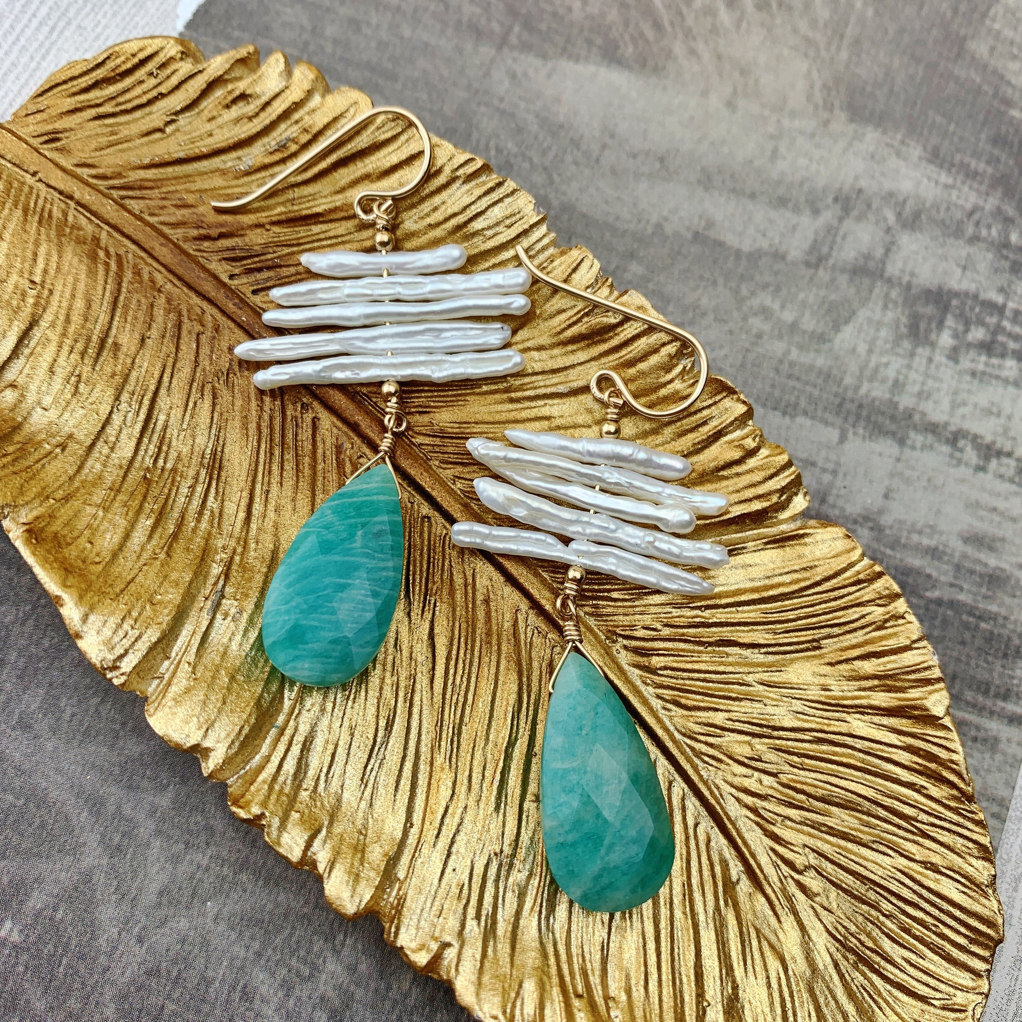 Mia Earrings - 14k Gold Filled Amazonite Teardrops - The Bead N Crystal & Enclave Gems